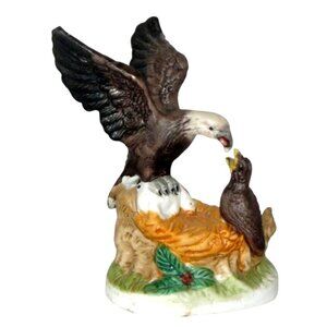 Bald Eagle Feeding Offspring in Nest Bisque Porcelain Figurine Vintage